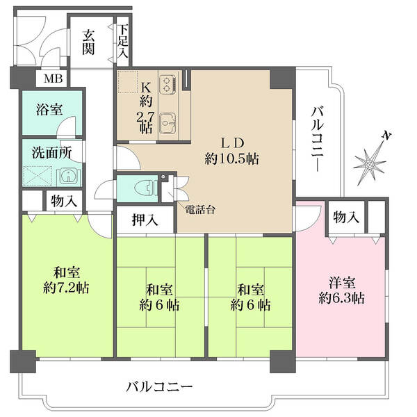3階部分、南東向き角住戸（北東側にもバルコニーあり）の４LDKです。