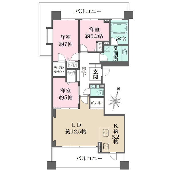 7階部分、南東向きの3LDK住戸。北西側にもバルコニーがございます。パントリースペースもございます。