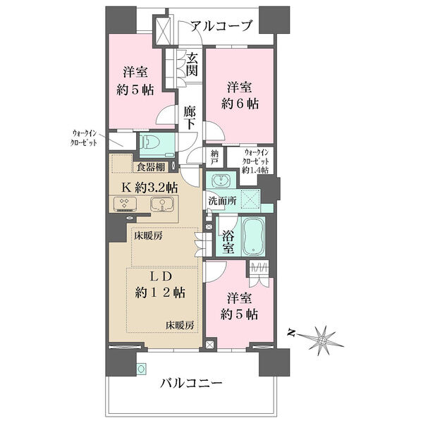 キッチンはご家族との会話がしやすい対面式。洋室3室が独立した配置でプライバシーも大切にできます。