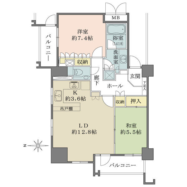 2面バルコニーが設けられた北西角住戸。LDは隣接する和室との一体利用で、18帖超の空間となります。