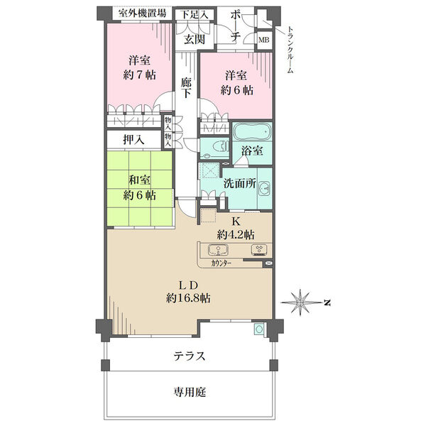 専用庭とテラスのある東向き住戸。洗面室は便利な2WAY動線。全居室6帖以上の広さが確保されています。