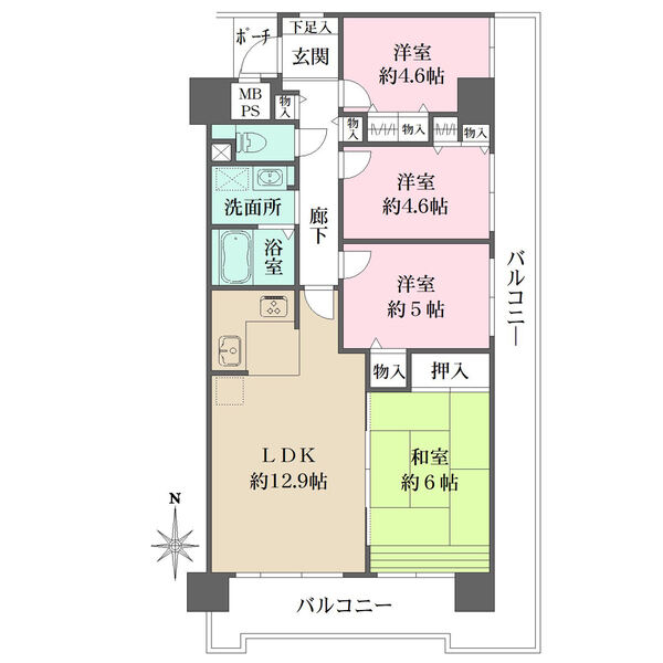 引き回しバルコニーが設けられた、開放的な南東角住戸です。和洋室・廊下に収納スペースが備わっています。