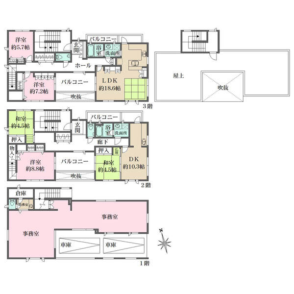 1階部分は事務所です。2階に洋室1部屋・和室2部屋、3階に洋室2部屋が配されています。屋上付きです。