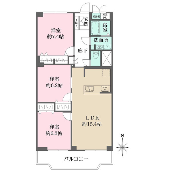 全居室6帖以上の広さで、2部屋が南向きバルコニーに面した住戸。各洋室、廊下、玄関に収納付きです。