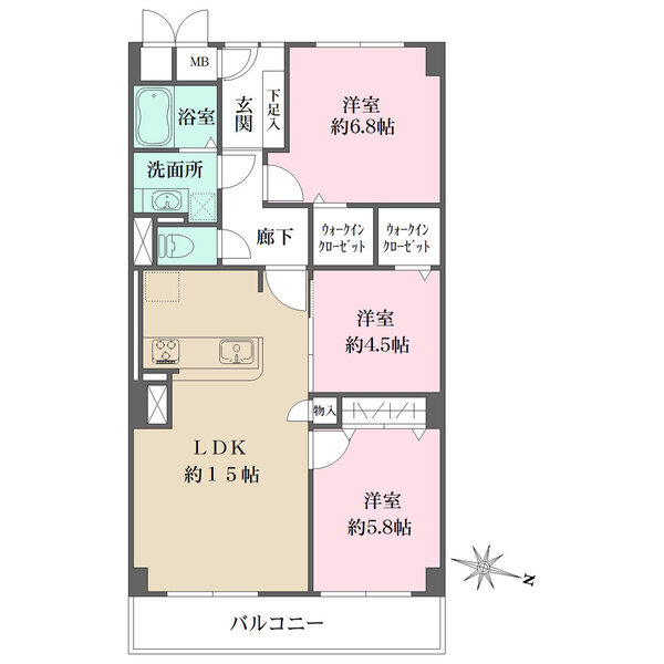 ウォークインクローゼット2か所を含む全居室収納付き。廊下を短く、住空間が広く確保された間取りです。