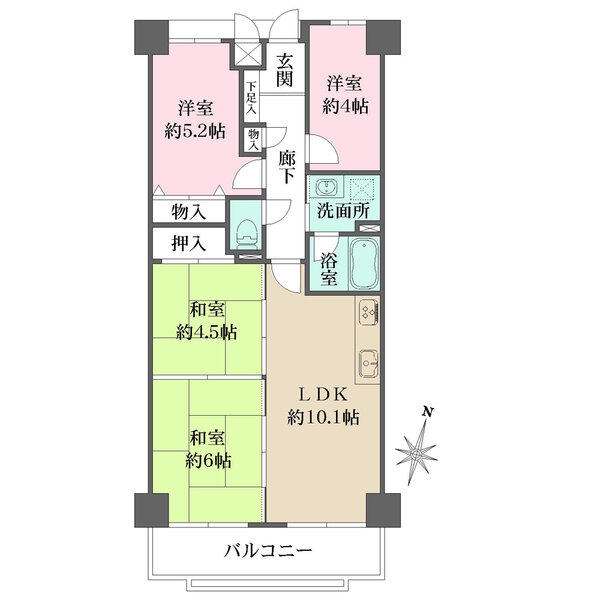 LDK・和室1室がバルコニーに面した住戸。LDKと和室2室は回遊でき、家事・生活動線良好です。