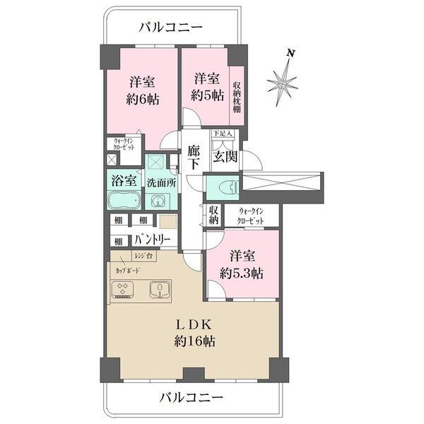 南東・北西両面バルコニー付きの3階住戸。豊富な収納が新設されており、すっきり暮らせる間取りです。