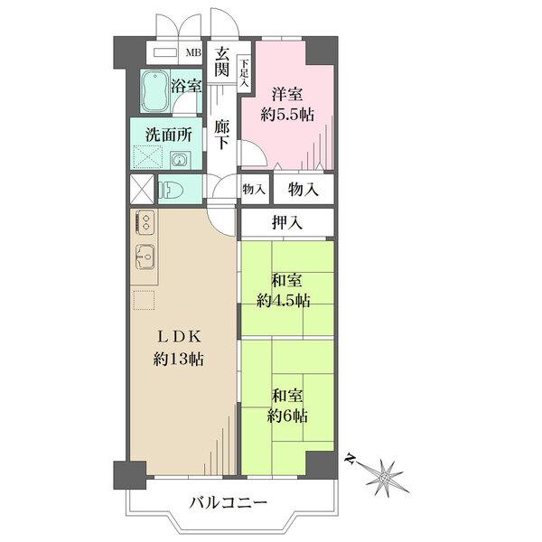 9階部分・南西向き。LDKは約13帖、二間続きの和室が隣接しています。洋室は独立性の高い配置です。