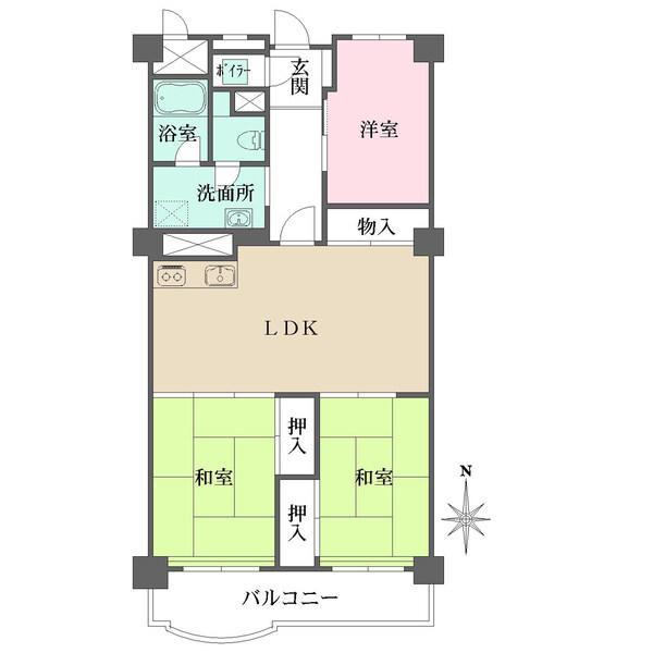 LDKが中心に配された間取り。和室2室が南向きバルコニーに面します。リビング収納や押入など収納豊富。