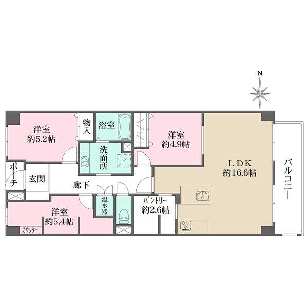 LDKは東向きバルコニーに隣接。キッチンはセパレートタイプ、横には約2.6帖のパントリー付きです。
