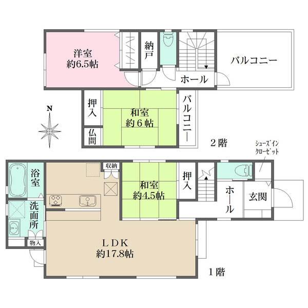 随所に収納と開口部が設けられた2階建戸建。3面採光のLDKは約17.8帖。バルコニー2か所有り。