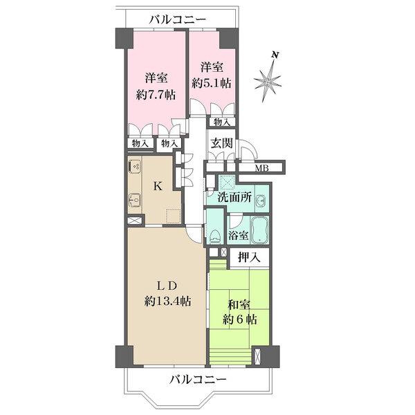 南と北側の2面バルコニー付き。全居室がバルコニーに面し、陽当り・通風良好。キッチンは独立空間です。