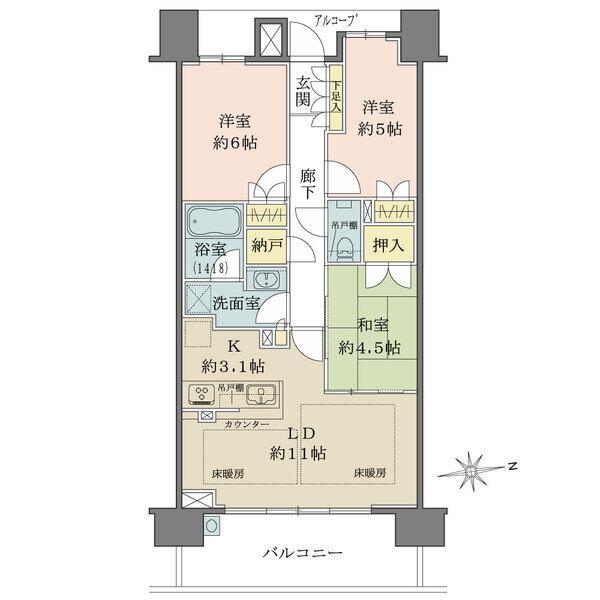 陽当り・通風・眺望良好な東向き住戸。納戸の他、各和洋室に収納有。バルコニーにはスロップシンク付き。