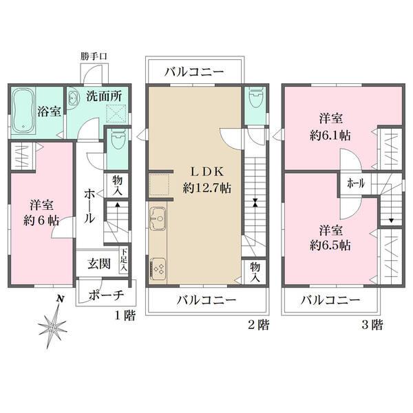 2・3階に南向きバルコニーが設けられています。全居室収納の他、廊下や玄関などに豊富な収納付きです。