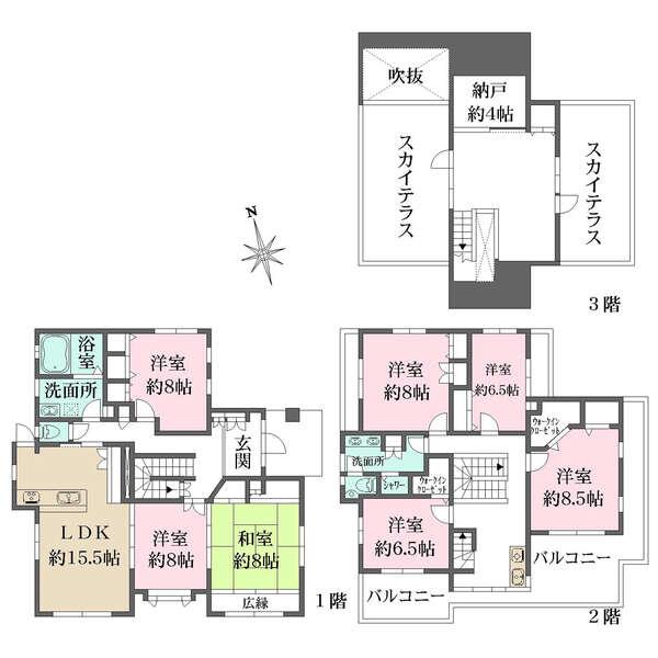 1・2階にキッチン・洗面所・トイレがございます。ウォークインクローゼット、納戸など収納が充実。