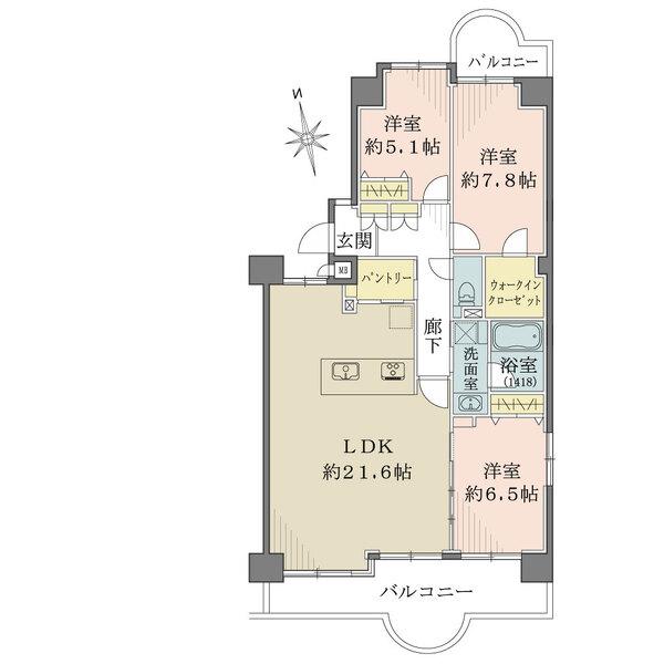 ウォークインクローゼットとパントリーのある90m2の3LDＫ