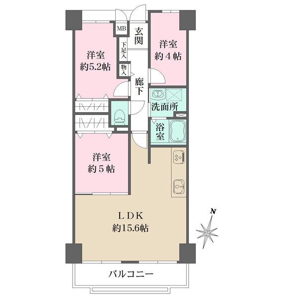 陽当り・通風良好な南向き住戸。LDKは約15.6帖の広さです。洋室や廊下に収納が備わっています。