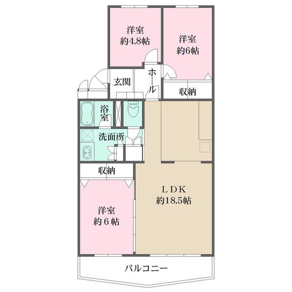 陽当り良好な南向き住戸です。LDKは約18.5帖の広さ。2部屋に跨るゆとりのあるバルコニー付きです。