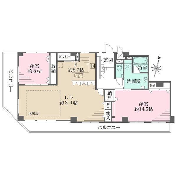 ワイドスパン×2面バルコニー付きで通風良好。LDKは合計約32.7帖。全居室に収納が備わっています。