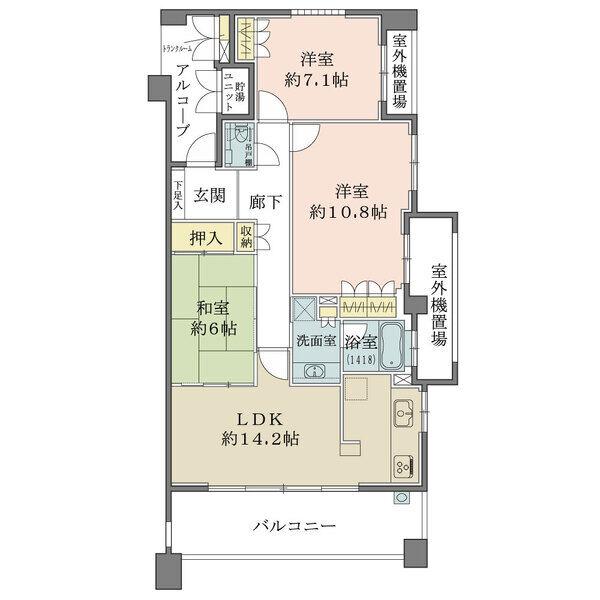 陽当り・通風・眺望良好な3方角住戸。全居室6帖以上の広さを確保。玄関アルコーブにトランクルーム有り。
