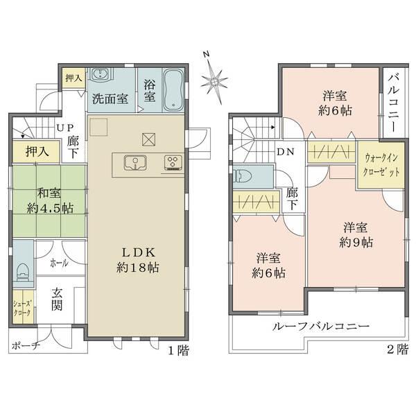1階に水回りが集約され、家事動線が良好。ウォークインクローゼットや廊下収納など、収納も豊富です。