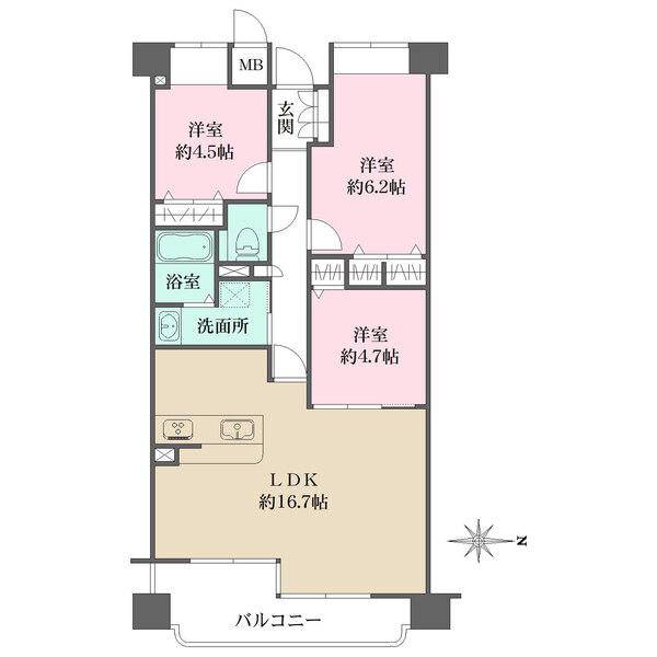 東向きバルコニーに面したLDKはゆとりある約16.7帖。各洋室にクローゼットが備わっています。
