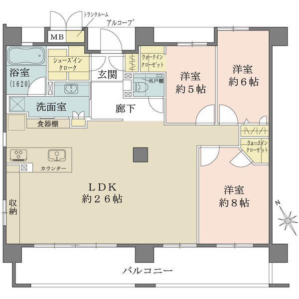 ワイドスパン設計、104平米超のゆったりとした南西向き角部屋です。明るく開放的なLDKは約26帖。