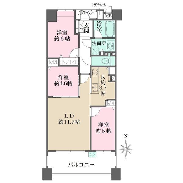 11階部分の南向き住戸。LDと約4.6帖の洋室は一体利用も可能。各洋室やキッチンなど各所に収納有り。