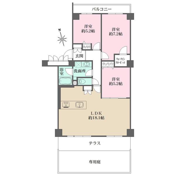 キッチンからリビング・ダイニングを見渡せる間取り。約7.2帖洋室はウォークインクローゼット付きです。