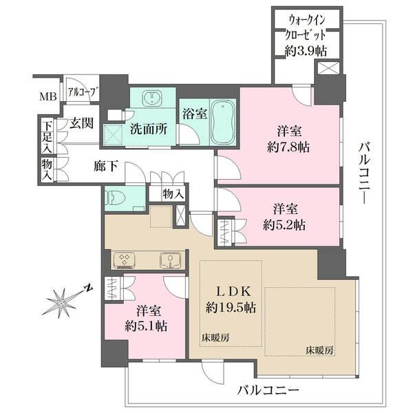 全居室バルコニーサイド設計につき陽当り良好。キッチンは生活感の出にくいセミクローズドタイプ。