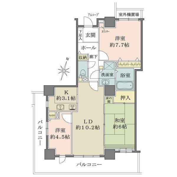 陽当り・通風・眺望良好な2面バルコニー付き南西角住戸。各和洋室や玄関ホールなどに収納有り。