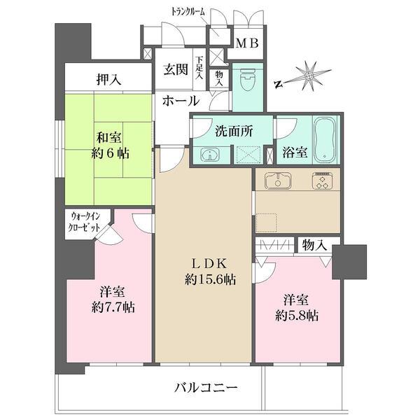 LDと各洋室がバルコニーに面しており、採光良好。LDから全居室に出入りでき、生活動線の良い間取り。