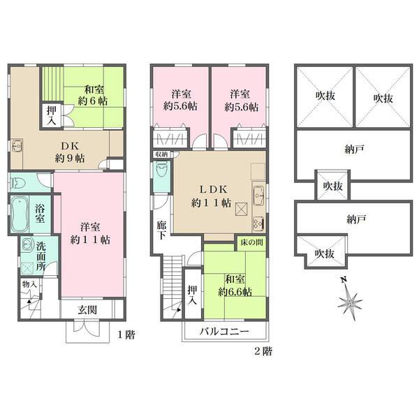DK・トイレが2カ所に有。各和洋室の収納や廊下の物入、ゆとりある納戸など、収納が豊富な住まいです。