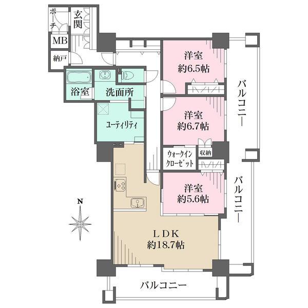 全居室がバルコニーに面し明るい室内。各居室は約5.6帖以上の広さです。ユーティリティ有り。
