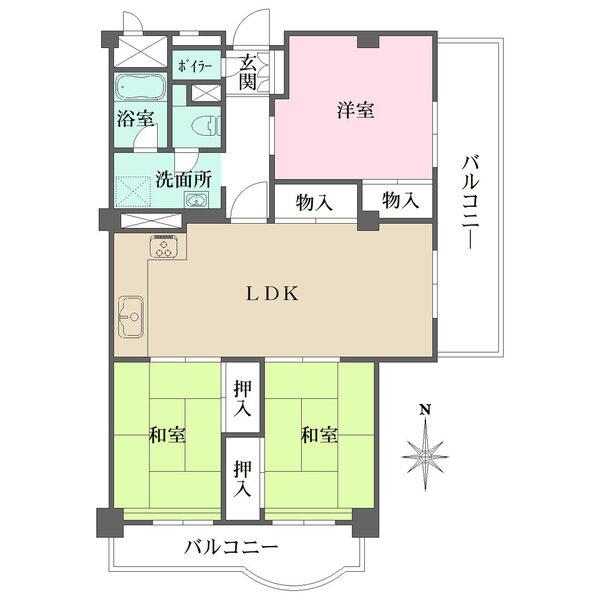 6階部分の南・東角住戸。2面にバルコニーが配され、全居室がバルコニーに面します。全居室に収納有り。