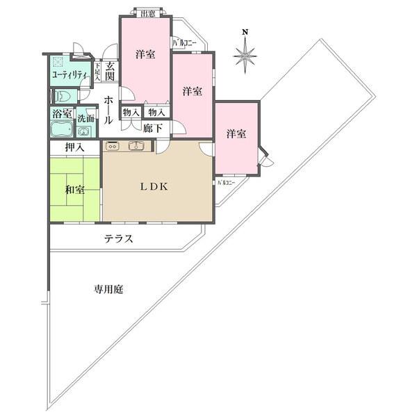 専用庭付きの南東角住戸。全居室がテラスまたはバルコニーに面しているため、陽当り・通風良好です。