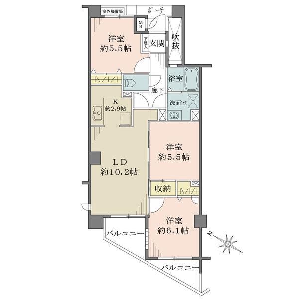 南西向き。住戸専用ポーチ付きです。使い勝手の良いL型キッチンが設けられています。全洋室に収納有。