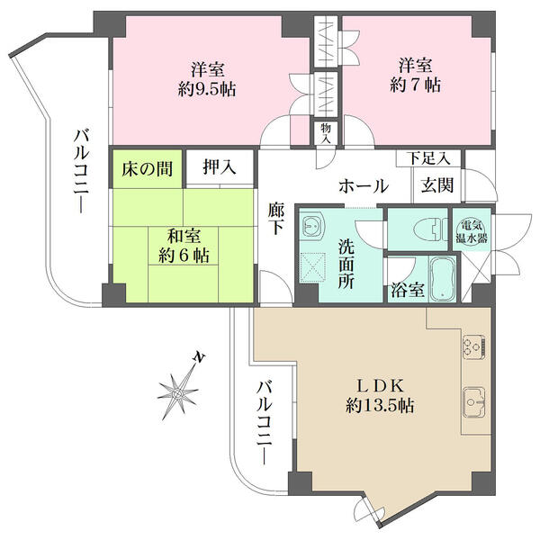 全居室6帖以上の広さ。玄関は外部から居住空間が見えにくいクランクイン設計です。各和洋室に収納付き。