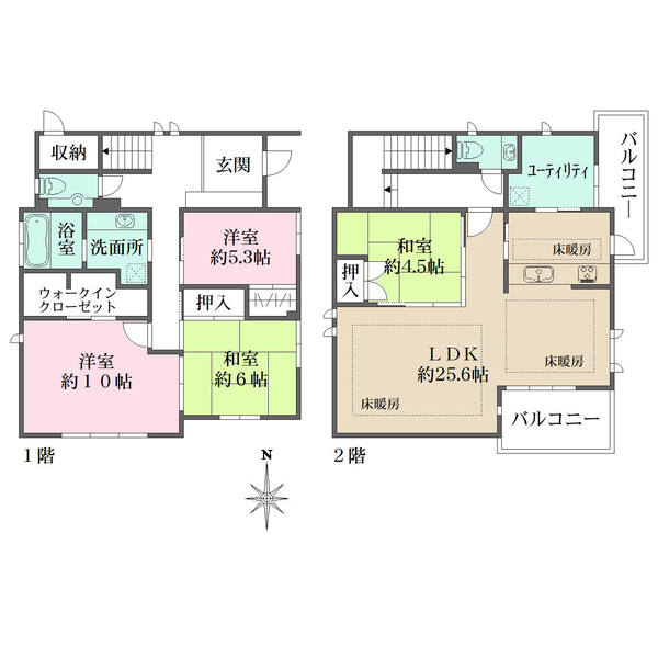 LDK+和洋室4部屋+S(ユーティリティルーム)の間取り。各階にトイレや洗濯機置場が配されています。