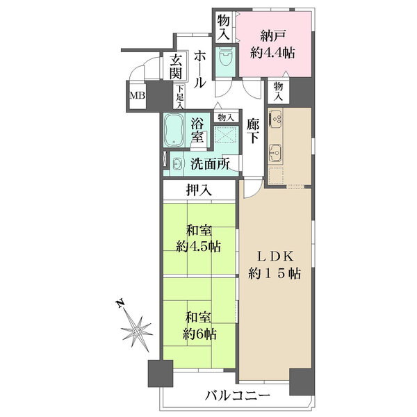 LDKは2面採光、キッチンや玄関ホールにも窓有り。LDKと和室がつながり、柔軟な使い方が可能です。