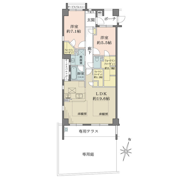 ウォークインクロゼット2カ所あり（3.3帖・1.2帖）