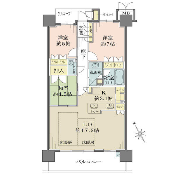 LDKは広々20帖超、南西向きバルコニーに面する開放感あふれる住空間です。全居室に豊富な収納あり。