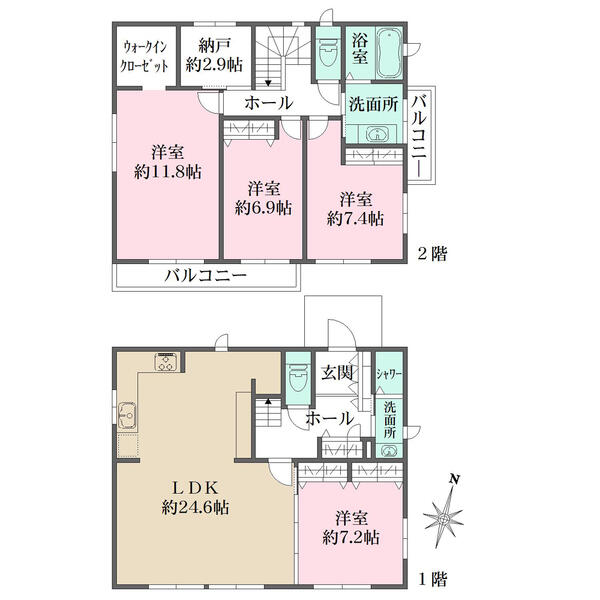 約24.6帖の広々としたLDK。浴室とは別に、1階にシャワー室がございます。各所に収納が豊富です。