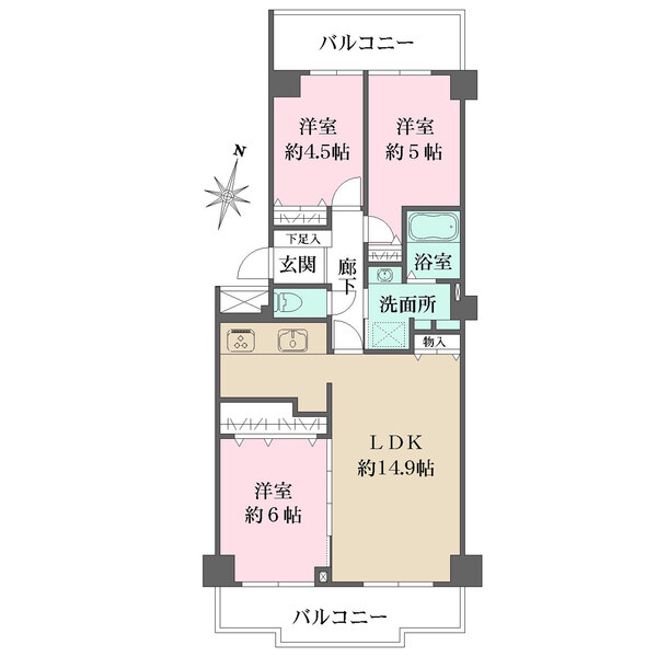 洋室約6帖はLDKとの一体利用が可能。全居室収納付き。外部から室内が見えにくいクランクイン設計です。