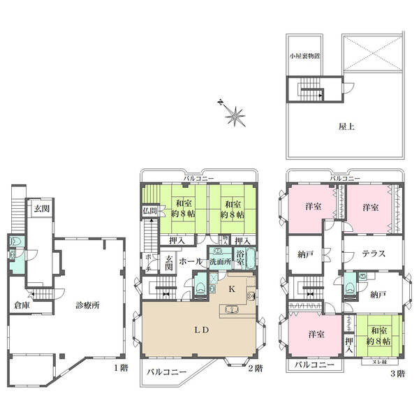 和室・洋室各3部屋や屋上スペースを有する、ゆとりある邸宅。2台分の屋根付き駐車場有(サイズ制限有)。