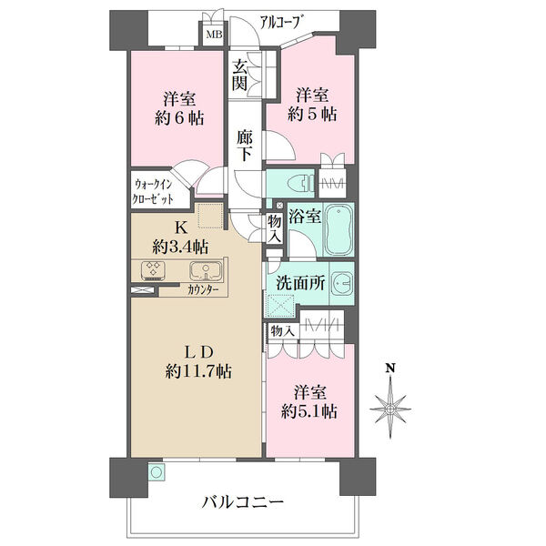 3階部分の南向き住戸。LDと隣接洋室は一体利用も可能。ウォークインクローゼットなど収納豊富です。