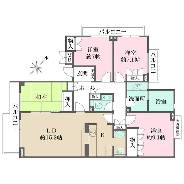 南西・北西・北東の3方向角住戸。3面バルコニー付きで眺望・陽当たり良好。洗面室と浴室に窓有り。