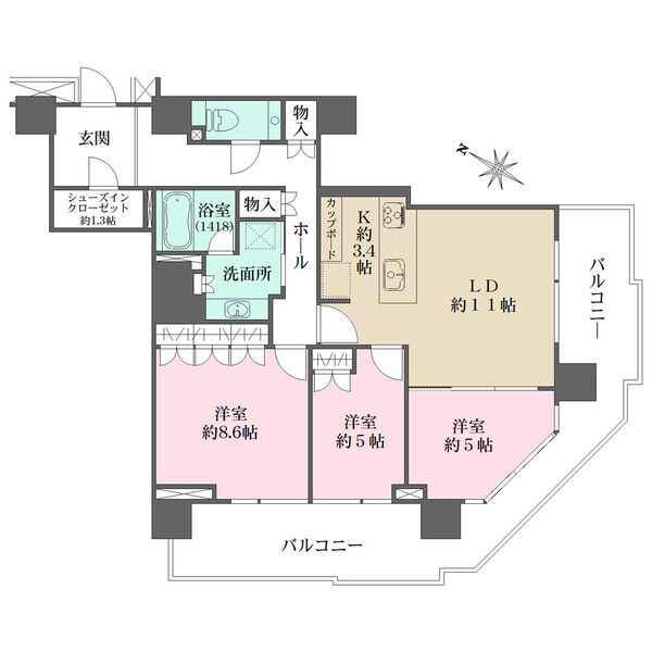 全居室バルコニーサイドの明るい住まい。2ヶ所のホール収納や約1.3帖のシューズインクローゼット付き。