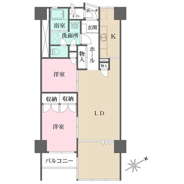 LDに洋室2室が隣接。キッチンは生活感が出にくい独立性の高い配置です。浴室に窓、全居室に収納有。