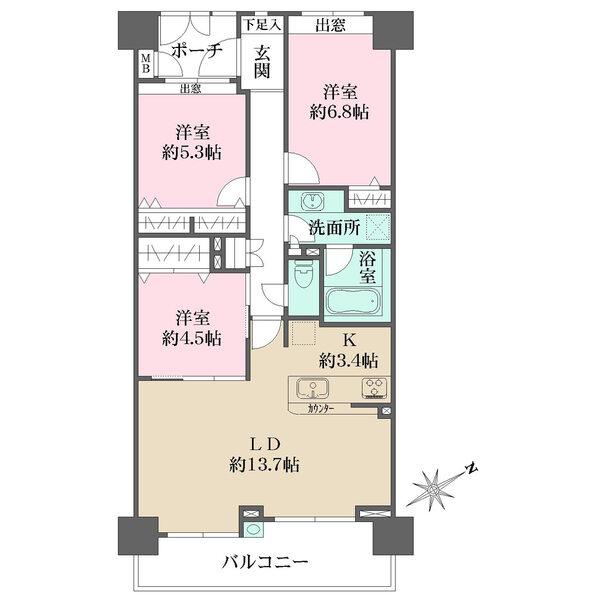 洋室が3部屋あり、お子様部屋も確保しやすいレイアウト。玄関ポーチがあり、独立性が高まります。